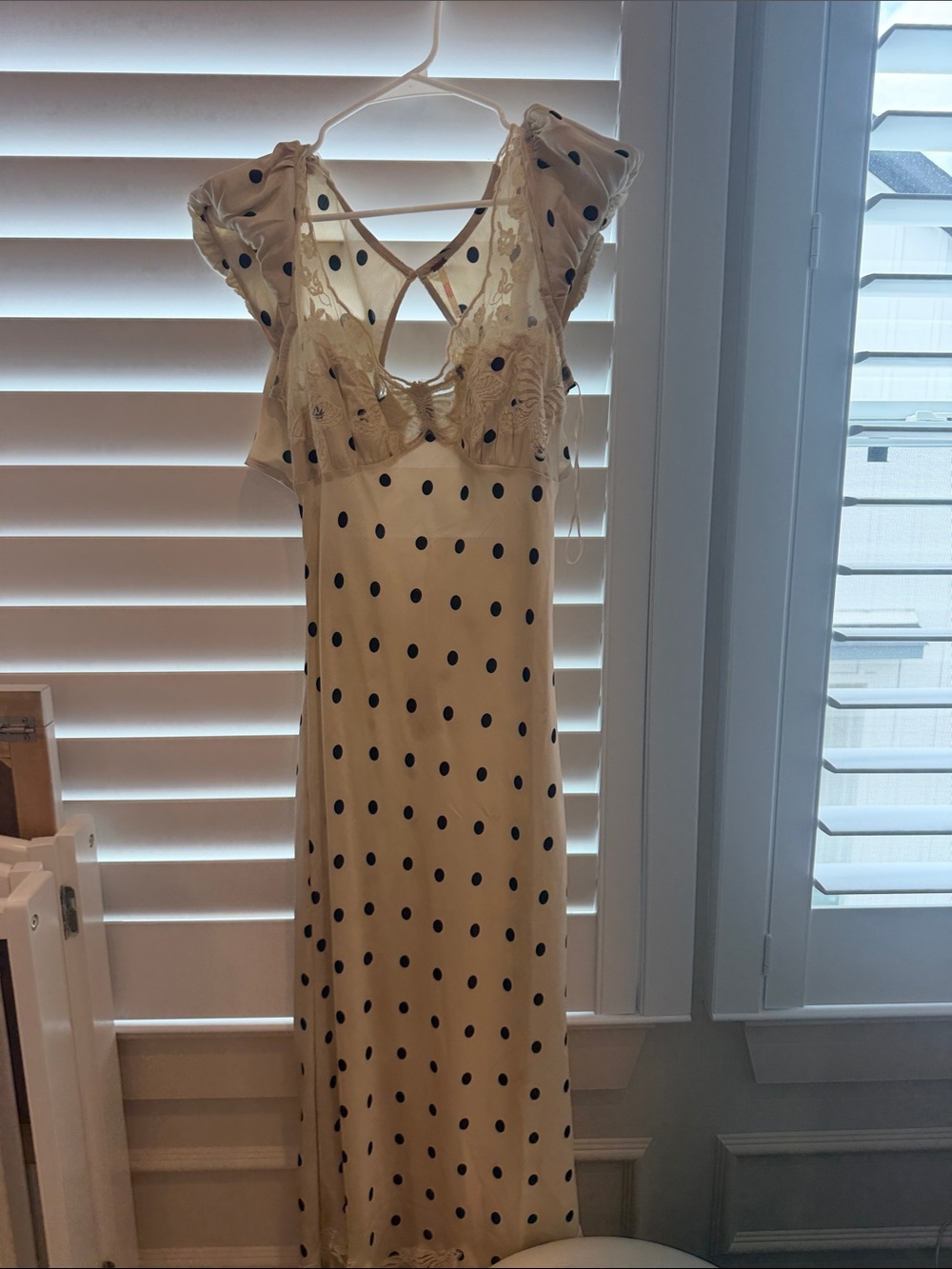 Elegant Cream Polka Dot Slip Dress with Lace Trim